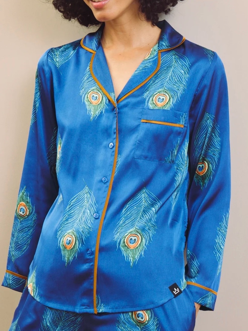 Their Nibs Womens Satin Oversized Pajamas Navy Peacock Feather Size Small - Picture 3 of 8